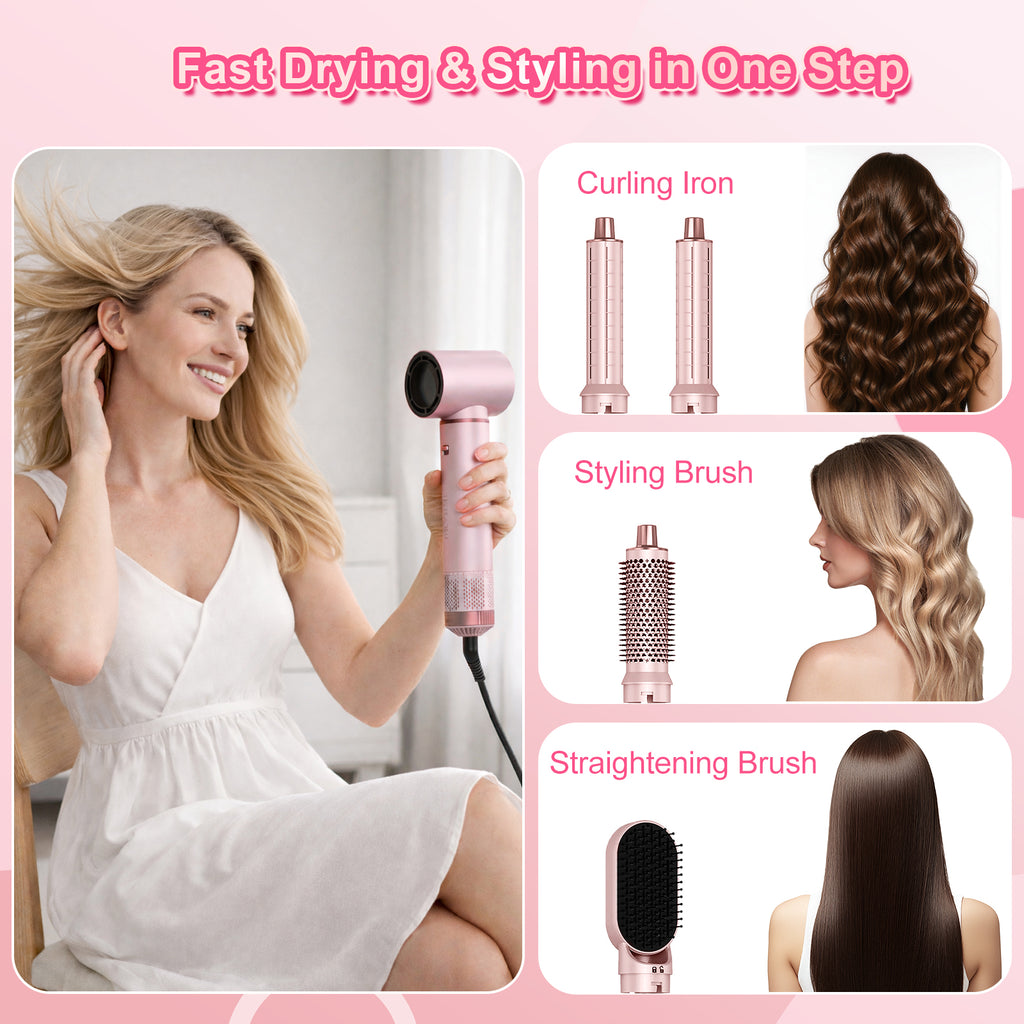Dryhsip 5 in 1 Hot Air Brush Hair Dryer Styler,Negative Ion Blow Dryer with Curling Wand, Straightener & Volumizer for All Hair Types (Sakura)