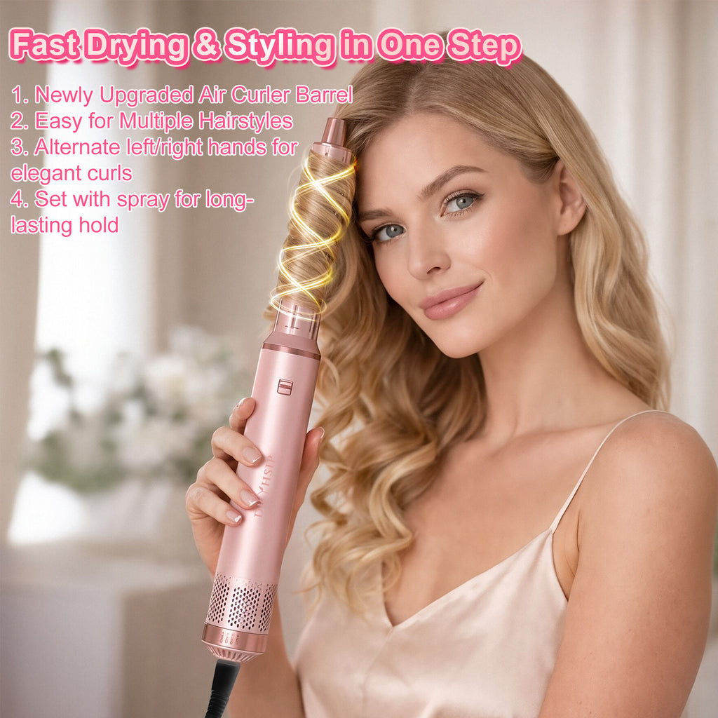 Dryhsip 5 in 1 Hot Air Brush Hair Dryer Styler,Negative Ion Blow Dryer with Curling Wand, Straightener & Volumizer for All Hair Types (Sakura)