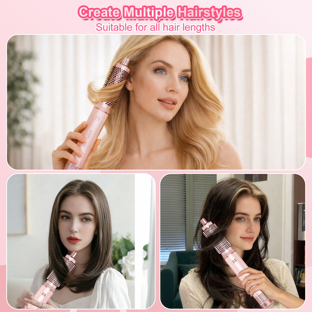Dryhsip 5 in 1 Hot Air Brush Hair Dryer Styler,Negative Ion Blow Dryer with Curling Wand, Straightener & Volumizer for All Hair Types (Sakura)