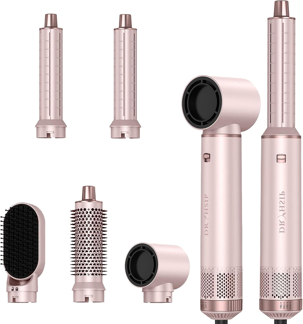 Pink 5-in-1 hot air brush styler with interchangeable attachments including curling barrels, smoothing brush and drying nozzle