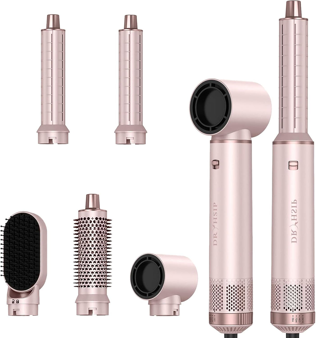Pink 5-in-1 hot air brush styler with interchangeable attachments including curling barrels, smoothing brush and drying nozzle