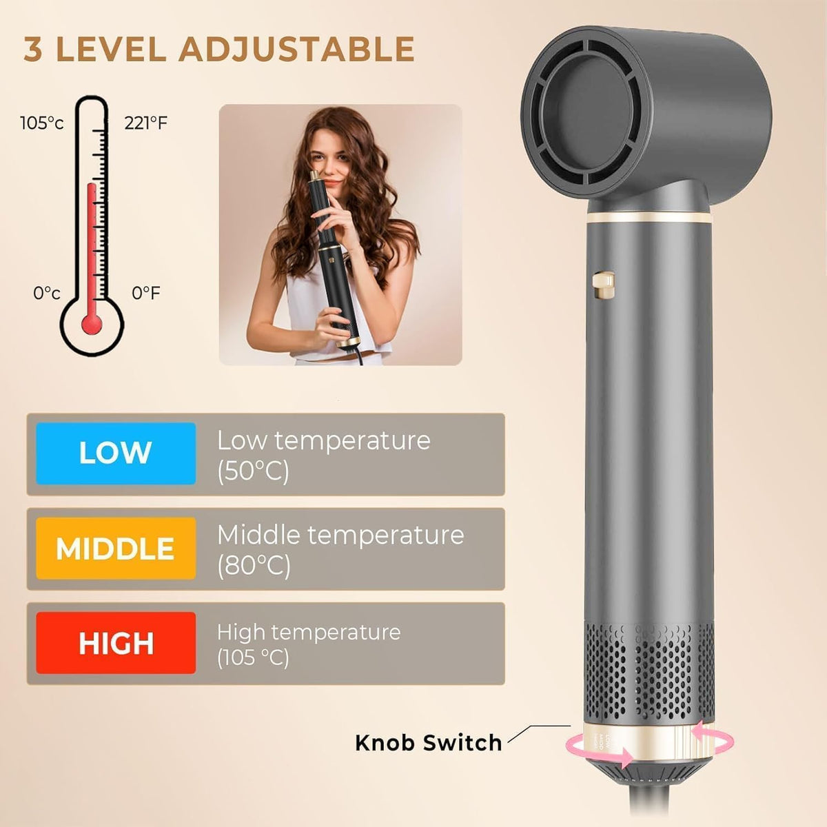 5-in-1 ionic hair dryer brush with adjustable heat and airflow settings