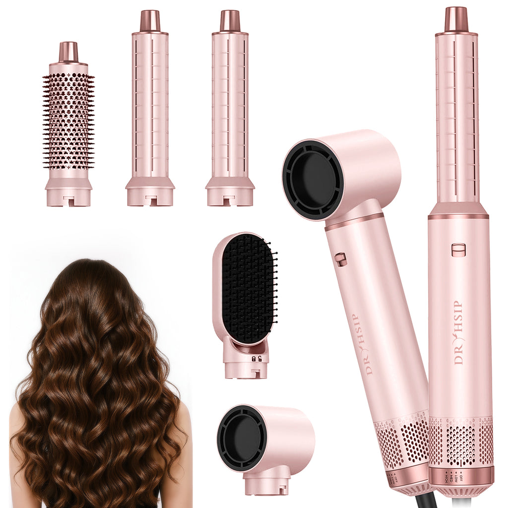 Dryhsip 5 in 1 Hot Air Brush Hair Dryer Styler,Negative Ion Blow Dryer with Curling Wand, Straightener & Volumizer for All Hair Types (Sakura)