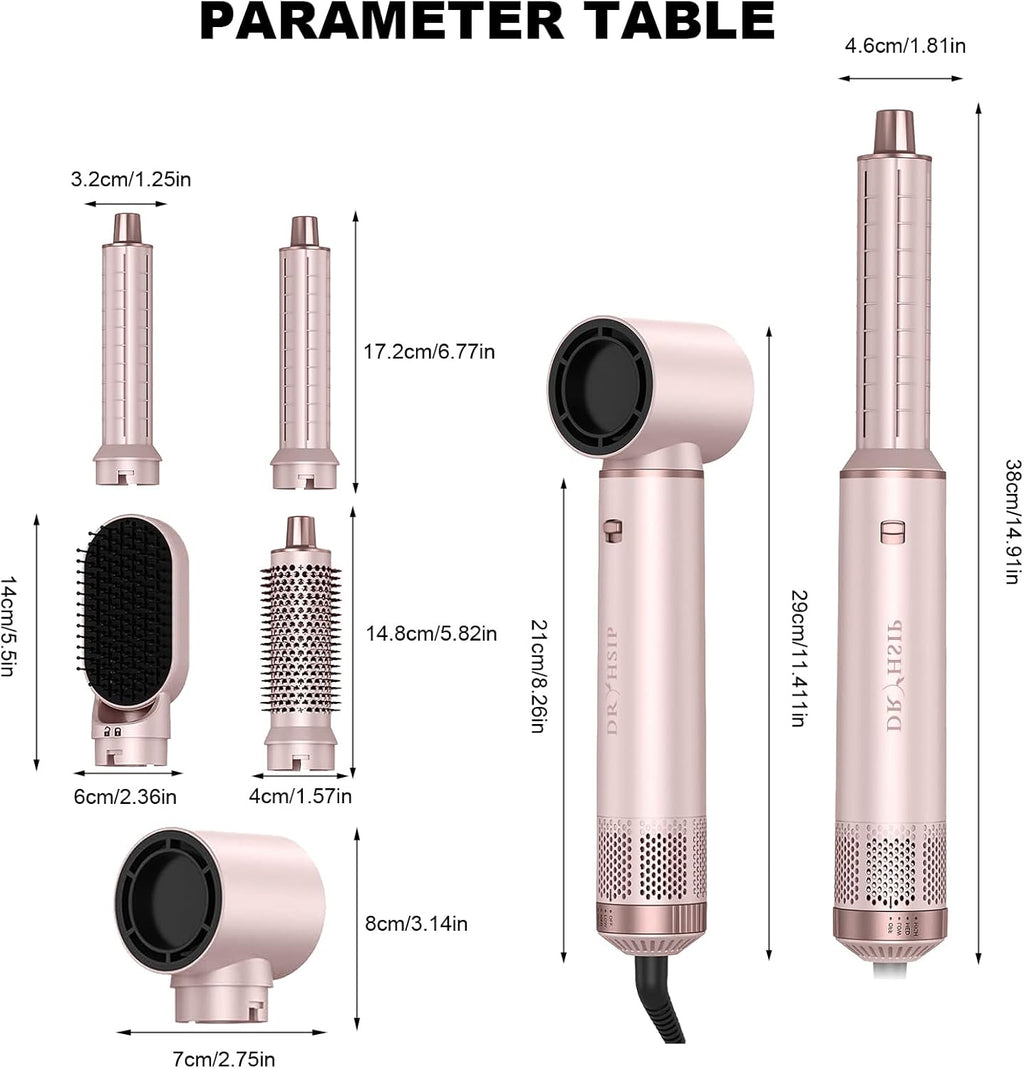 Product specification diagram showing brush attachments dimensions and styling functions overview