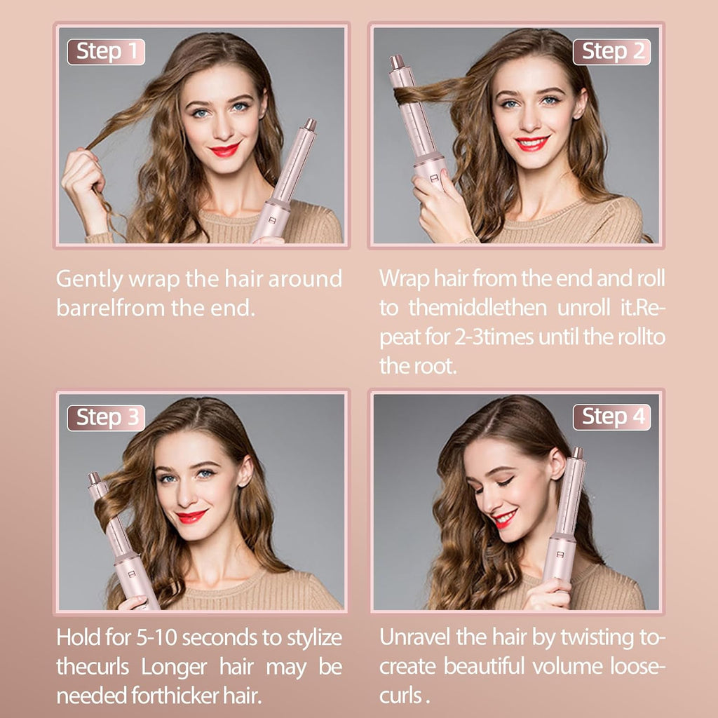 Multiple hairstyle results including straightened hair soft waves and curled volume created by one styling tool