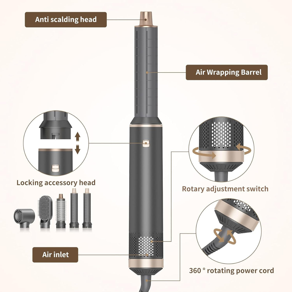Dryhsip 5-in-1 Ionic Hair Dryer Brush with interchangeable styling attachments