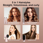 Side-by-side hairstyle transformation showing straight and curly looks achieved with heated styling brush