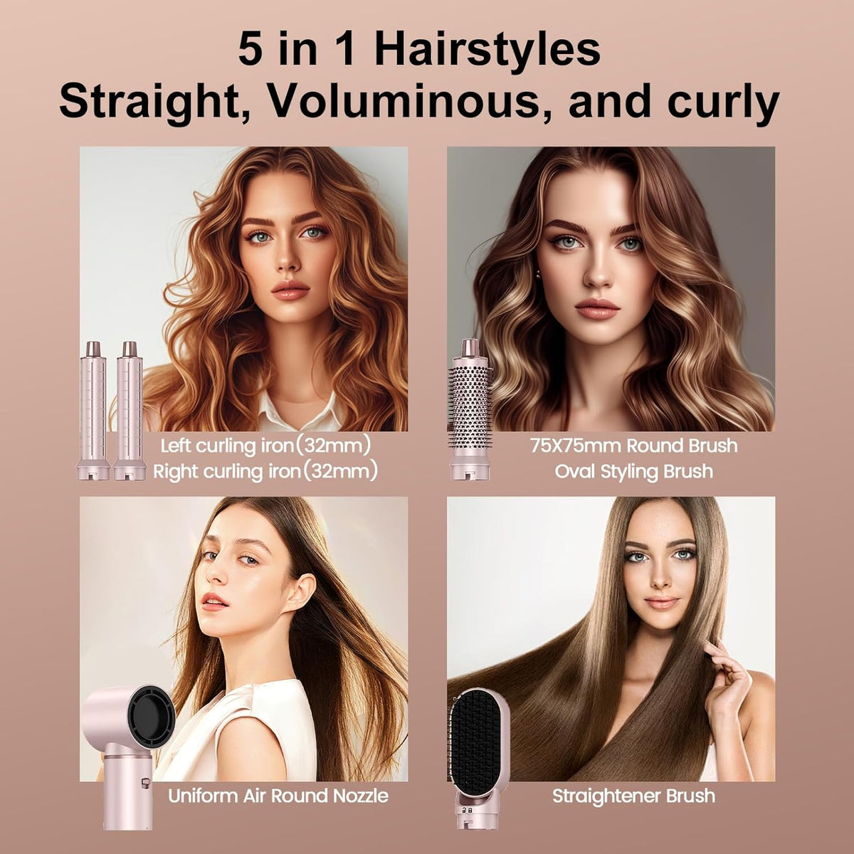 Side-by-side hairstyle transformation showing straight and curly looks achieved with heated styling brush