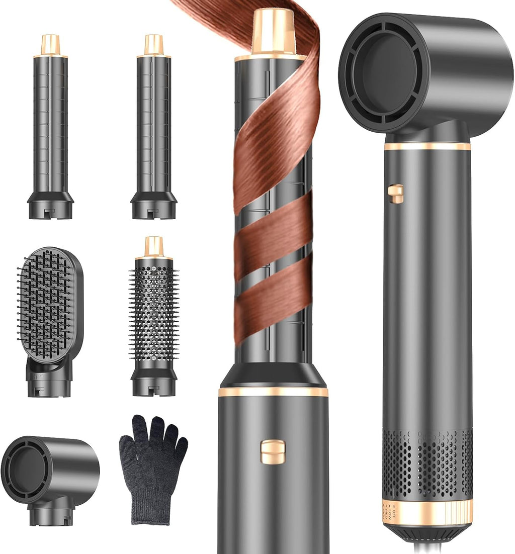 Dryhsip 5-in-1 Ionic Hair Dryer Brush Air Styler in Black with five styling attachments