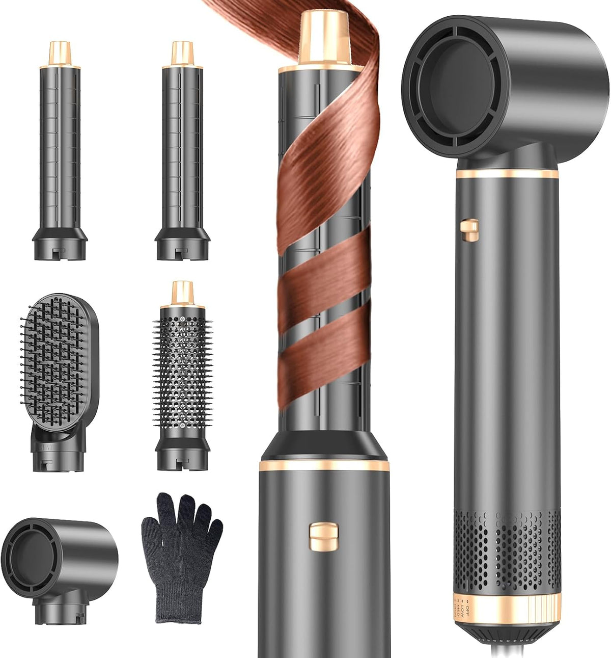 Dryhsip 5-in-1 Ionic Hair Dryer Brush Air Styler in Black with five styling attachments