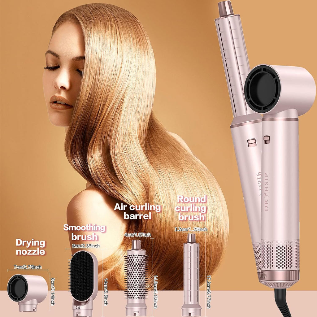 5-in-1 hot air brush styler showing interchangeable attachments including drying nozzle, smoothing brush, air curling barrels and round curling brush with size comparison