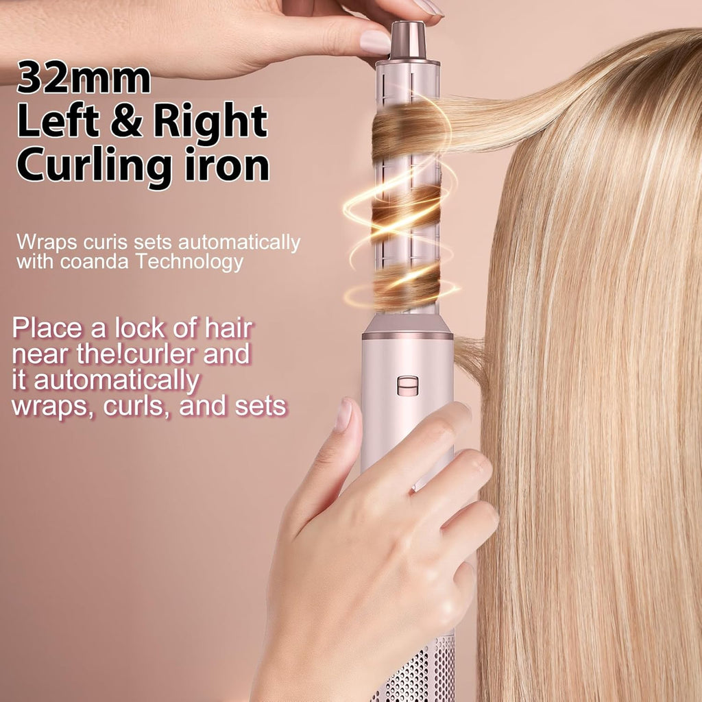 Woman wrapping hair around heated barrel brush to create defined curls during styling process