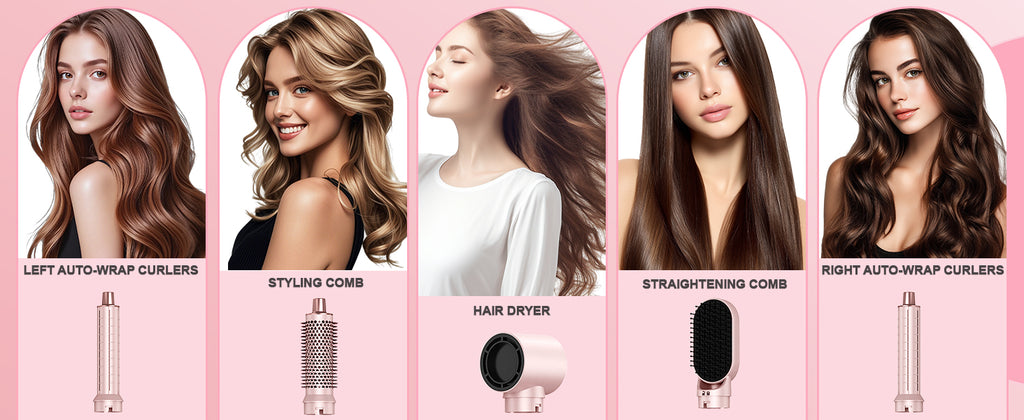 Dryhsip 5 in 1 Hot Air Brush Hair Dryer Styler,Negative Ion Blow Dryer with Curling Wand, Straightener & Volumizer for All Hair Types (Sakura)