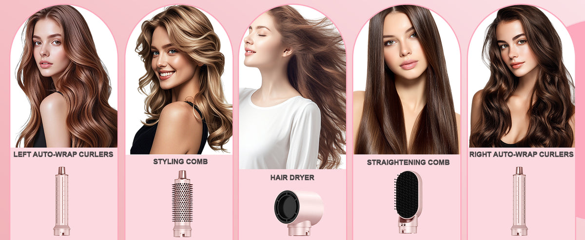 Dryhsip 5 in 1 Hot Air Brush Hair Dryer Styler,Negative Ion Blow Dryer with Curling Wand, Straightener & Volumizer for All Hair Types (Sakura)
