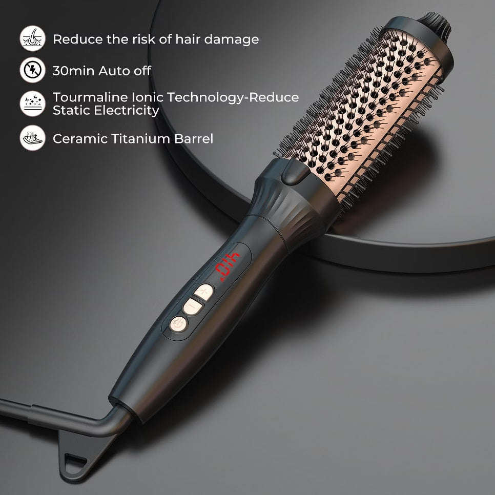 Heated thermal round brush with ceramic barrel for fast styling and frizz reduction