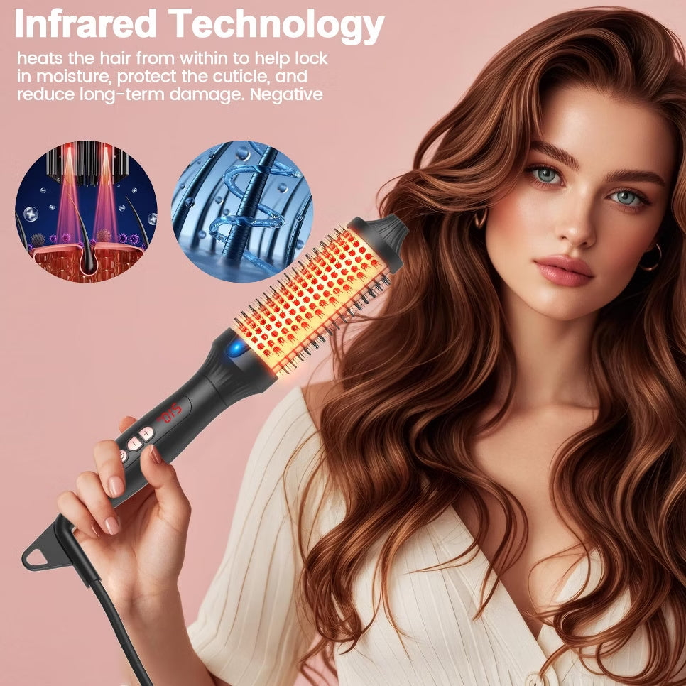 Infrared heated round brush reducing frizz and adding shine while styling long hair