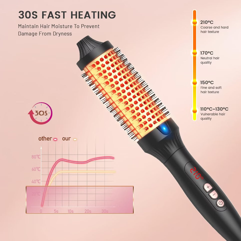 Infrared heated round brush with fast 200°C heating for quick curling and volumizing