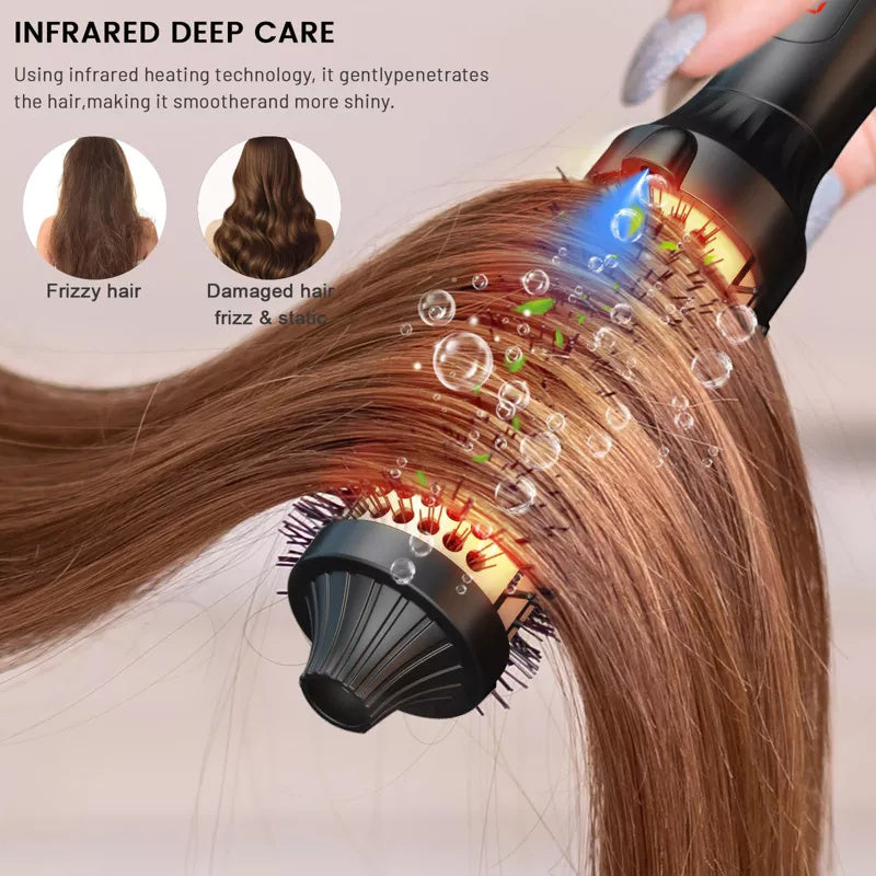Close-up of the infrared heated round brush creating smooth curls on long hair