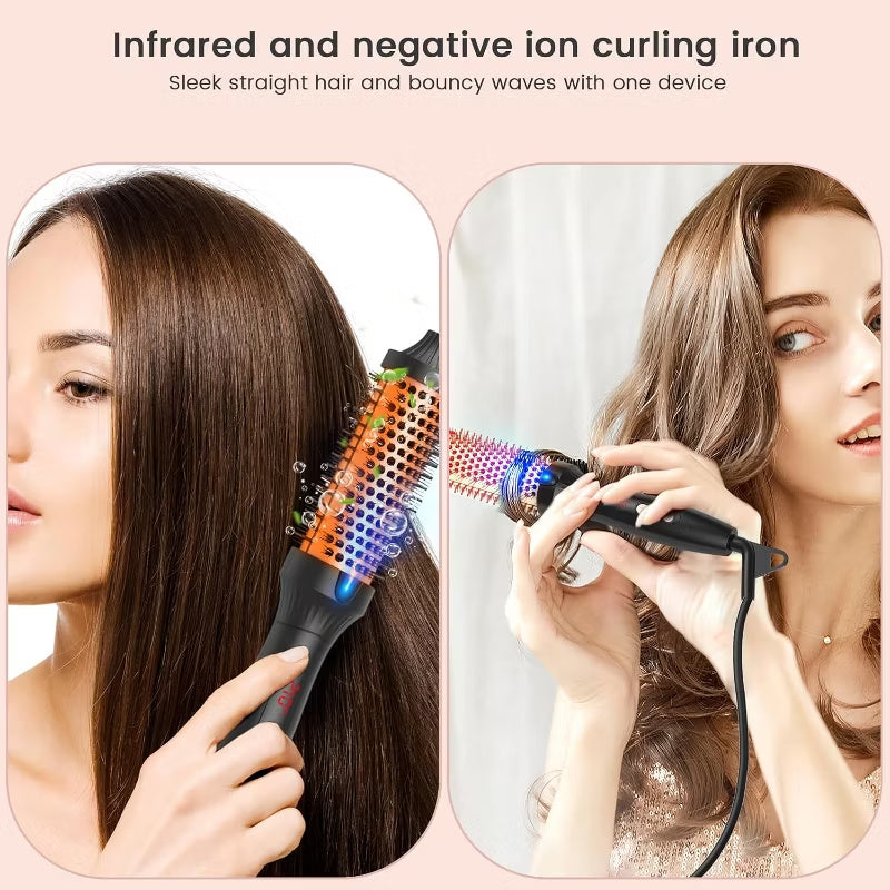 Woman using the infrared heated round brush to smooth and style long hair