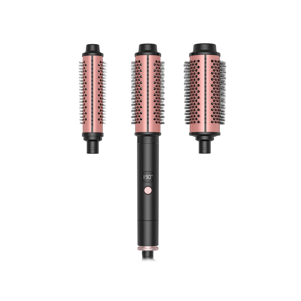 3-in-1 ionic curling wand with three interchangeable ceramic round brush attachments