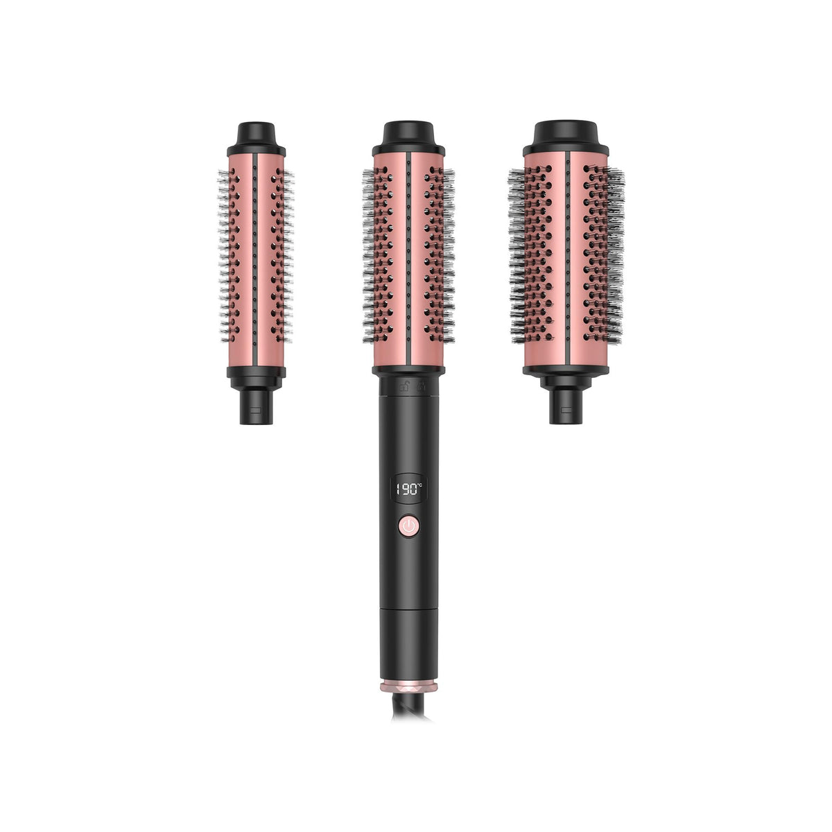 3-in-1 ionic curling wand with three interchangeable ceramic round brush attachments