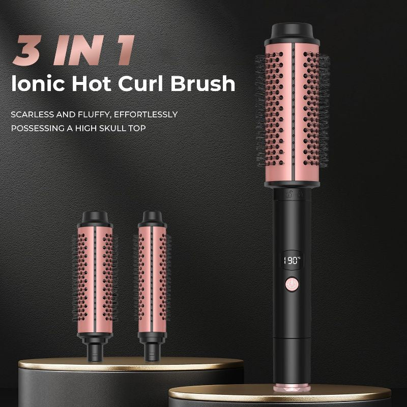 Three interchangeable curling brush sizes creating different curl styles with the 3-in-1 ionic curling wand