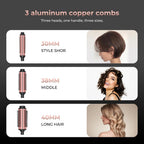 Three interchangeable curling brush sizes creating different curl styles with the 3-in-1 ionic curling wand