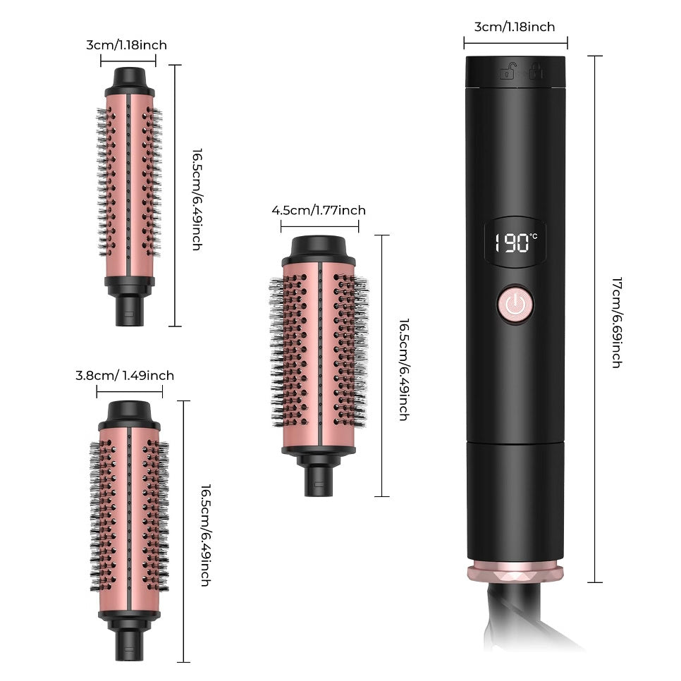 3-in-1 ionic curling wand with three interchangeable brush barrel sizes and styling guide