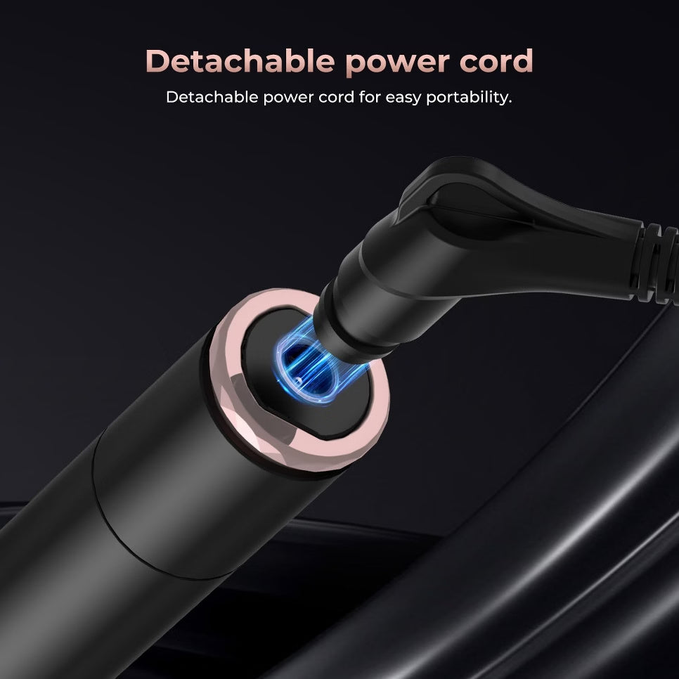 Close-up of detachable power cord connection on the 3-in-1 ionic curling wand for easy portability