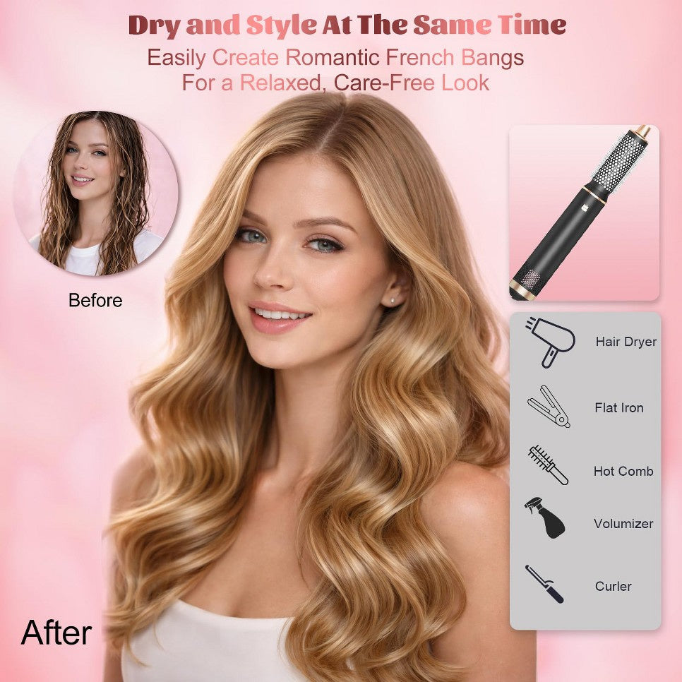 Woman with soft curls styled using the Dryhsip 5-in-1 Ionic Hot Air Brush