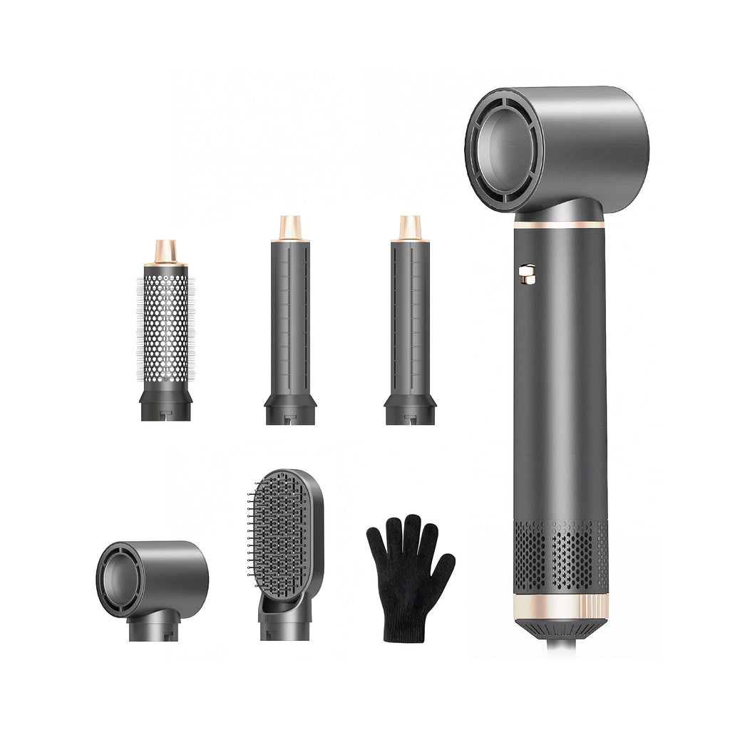 Dryhsip 5-in-1 Ionic Hair Dryer Brush in Gray with five interchangeable styling attachments