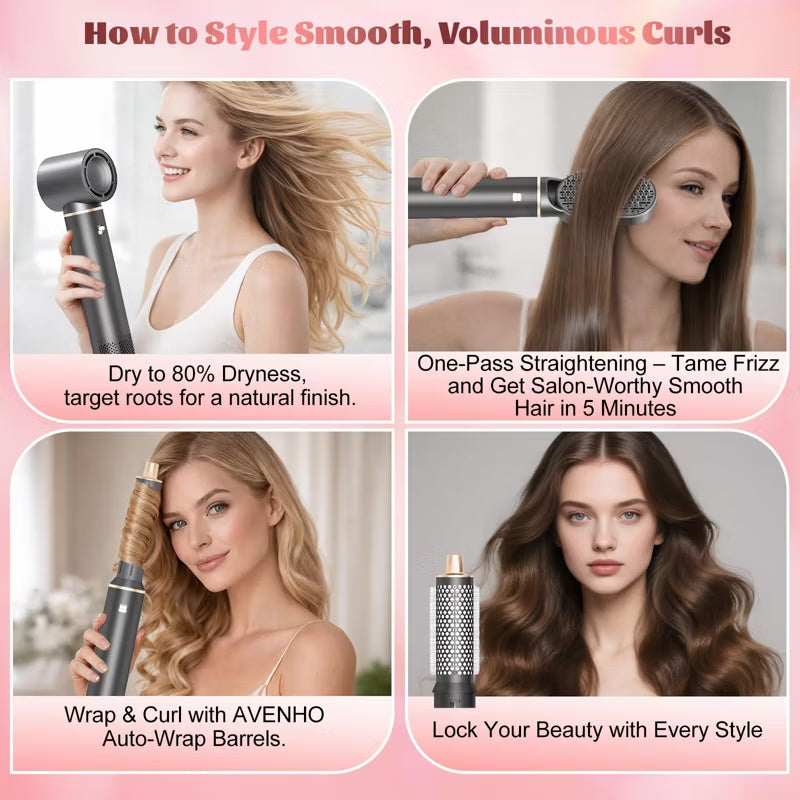 Woman styling long hair with the Dryhsip 5-in-1 Ionic Hair Dryer Brush