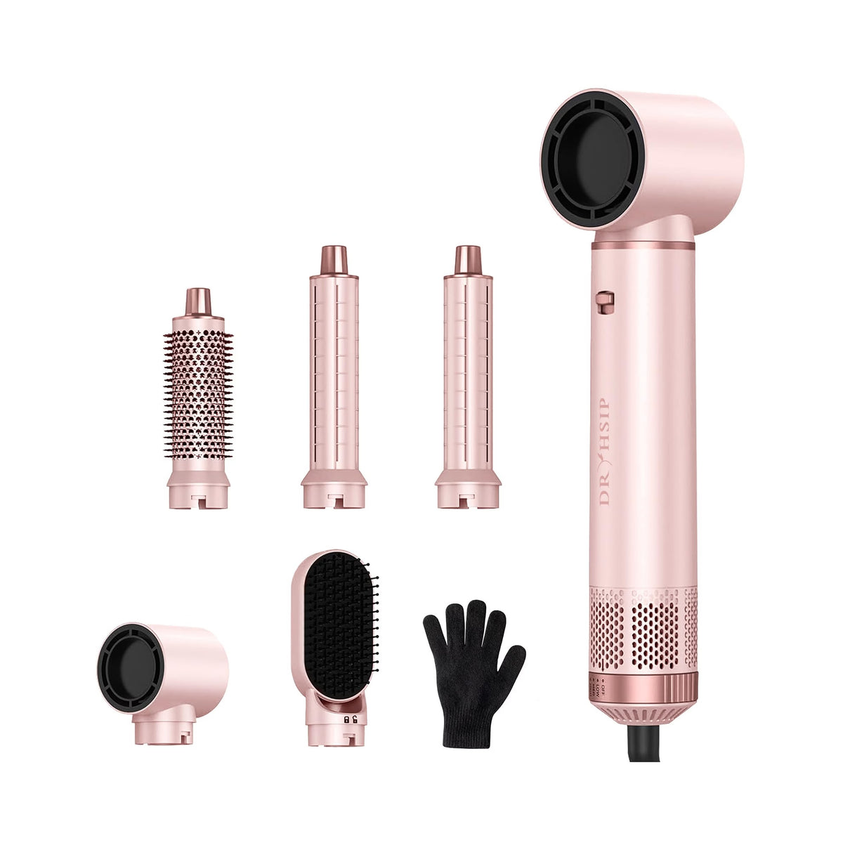 Dryhsip pink 5-in-1 hot air brush with interchangeable styling attachments including curling barrels, round brush and smoothing brush