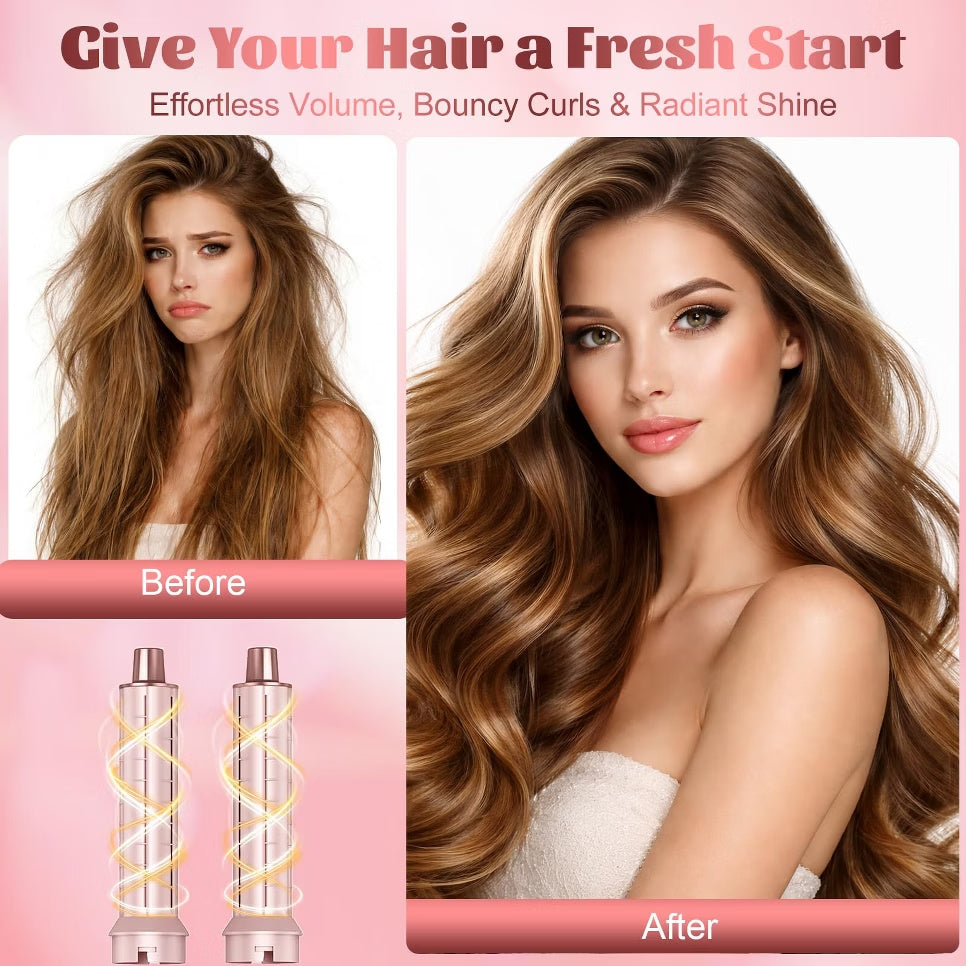 Long smooth curls created with the pink 5-in-1 hot air brush for frizz-free styling