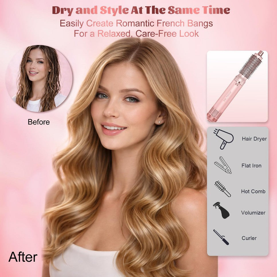 Woman drying and styling long hair with the pink 5-in-1 hot air brush