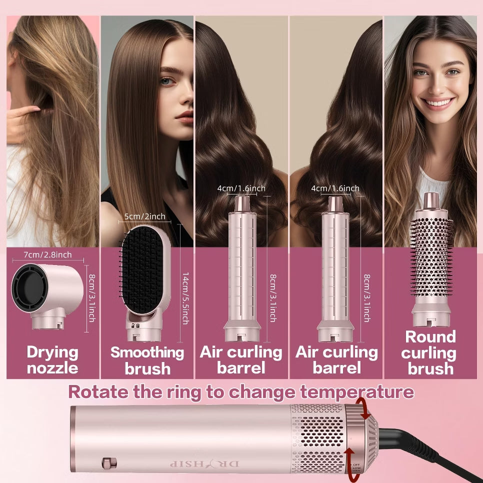 5-in-1 pink hot air brush attachments with sizes and temperature control ring