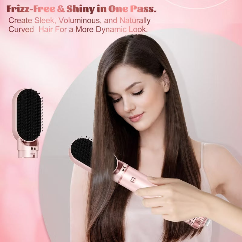 Woman creating a smooth blowout with the pink ionic hot air brush styler