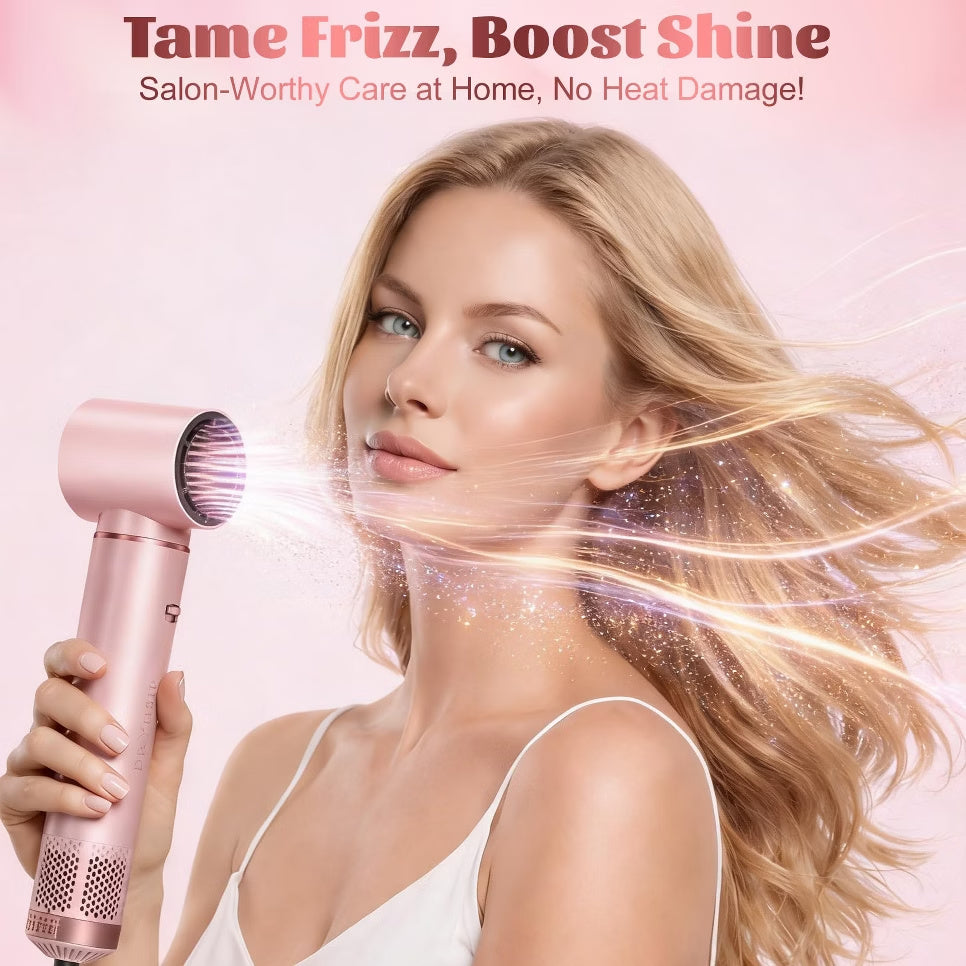 Woman drying and styling long hair with the pink 5-in-1 hot air brush