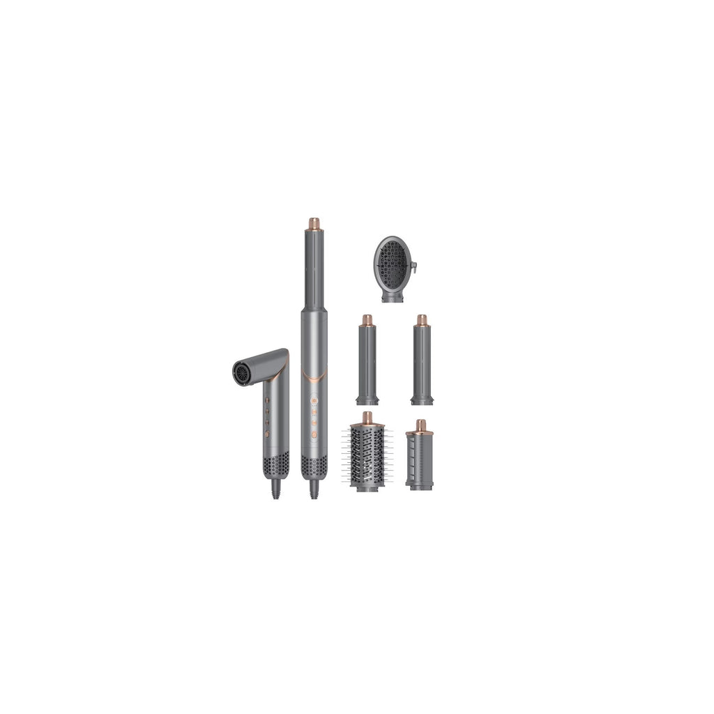 Foldable 5-in-1 hot air brush in gray with interchangeable styling attachments including curling barrels, round brush and dryer nozzle
