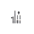 Foldable 5-in-1 hot air brush in gray with interchangeable styling attachments including curling barrels, round brush and dryer nozzle