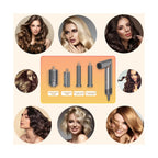 5-in-1 foldable hot air brush attachments with examples of straight, wavy and curly hairstyles