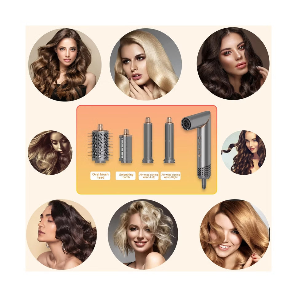 5-in-1 foldable hot air brush attachments with examples of straight, wavy and curly hairstyles