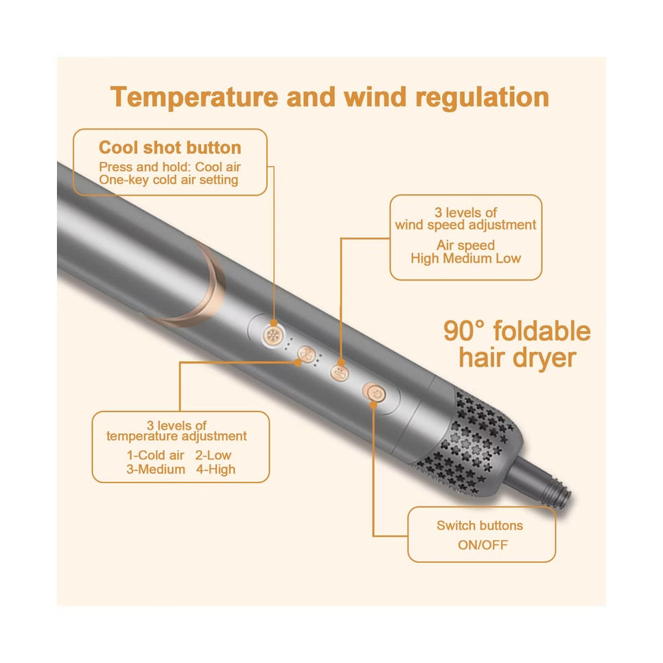 Temperature and airflow control diagram of the foldable 5-in-1 hot air brush