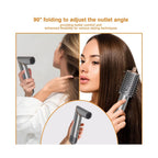 Woman using the foldable 5-in-1 hot air brush to dry and style her hair at home