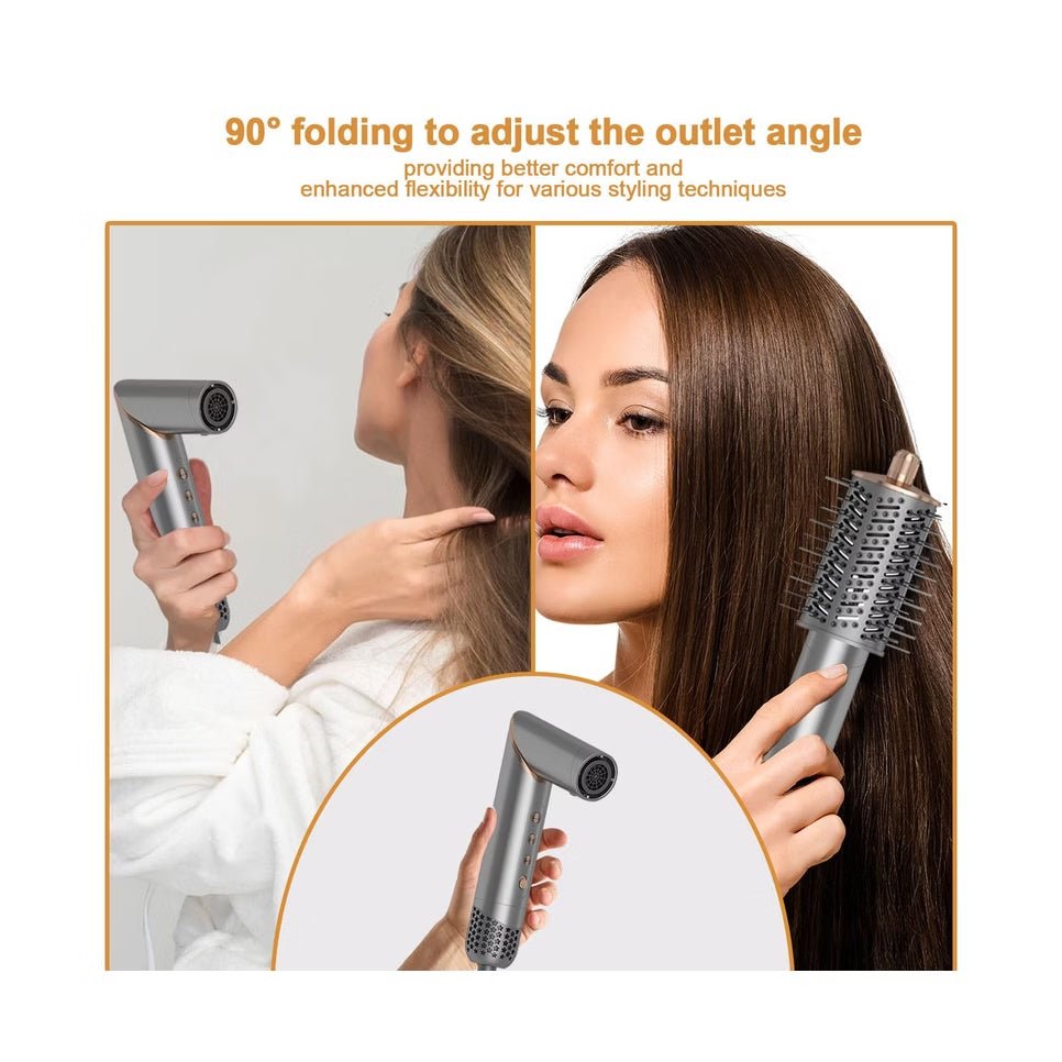 Woman using the foldable 5-in-1 hot air brush to dry and style her hair at home