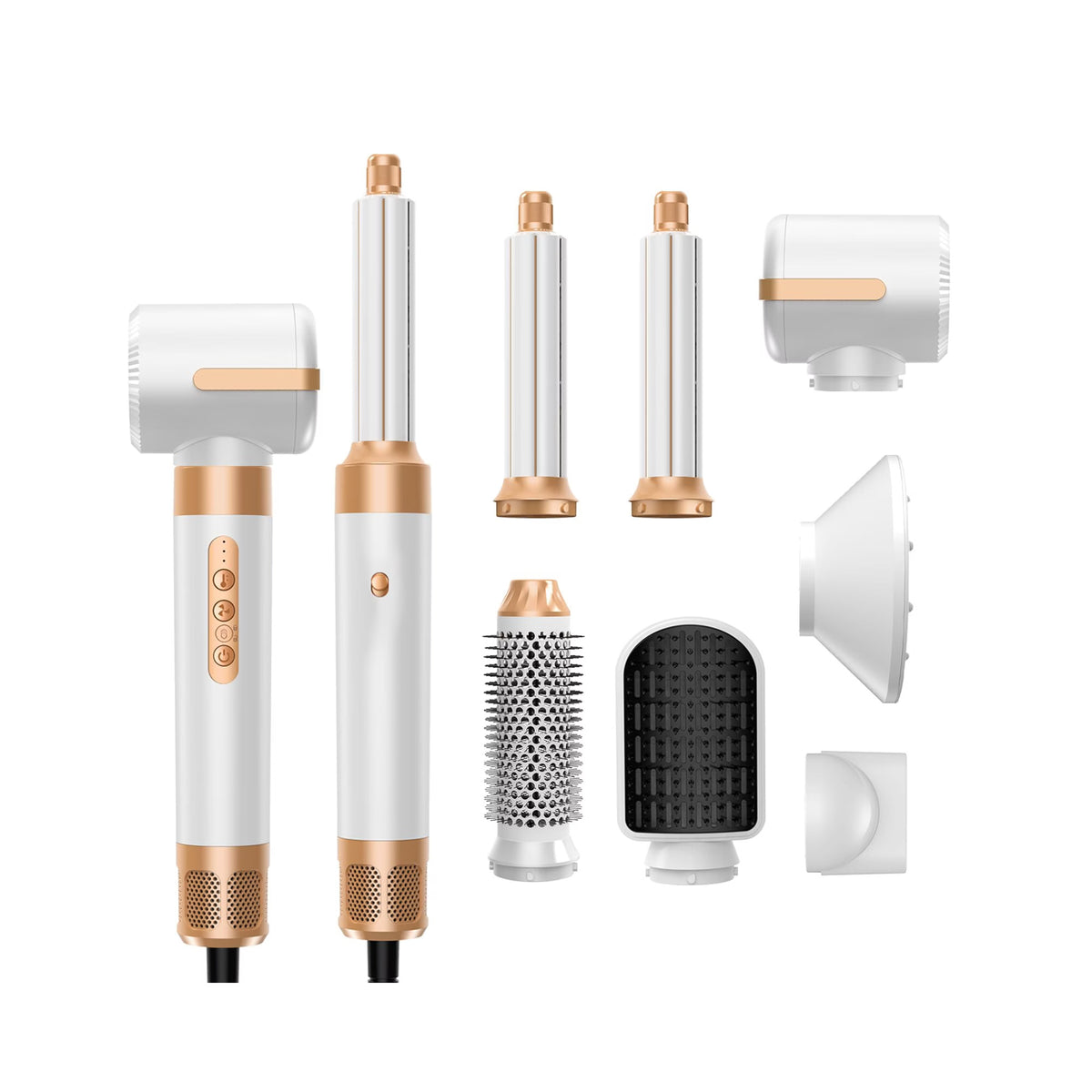 7-in-1 ionic hair dryer brush set in white and gold with interchangeable styling attachments including curling barrels, dryer nozzle and round brushes