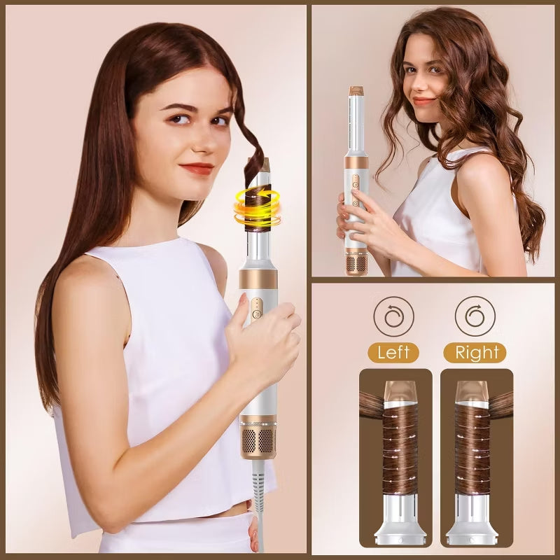 Woman using the 7-in-1 ionic hair dryer brush with interchangeable styling attachments for everyday hairstyling