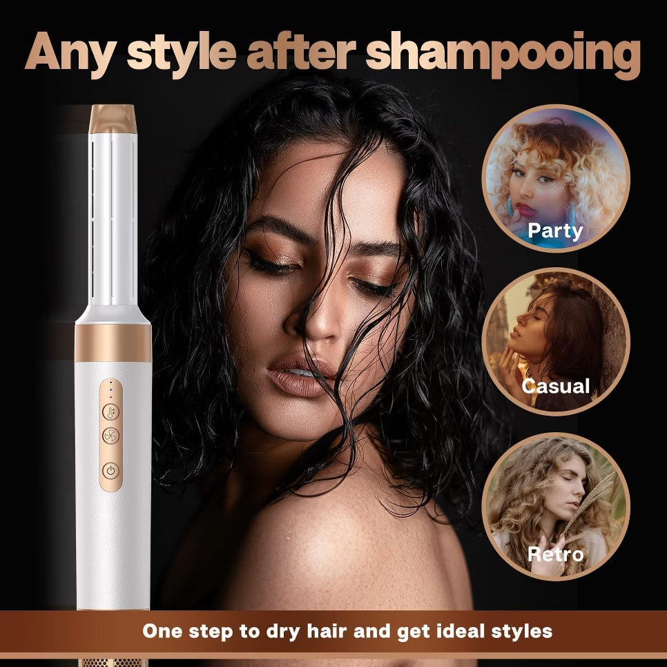 7-in-1 ionic hair dryer brush for creating different hairstyles after shampooing, including party, casual and retro looks