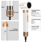 7-in-1 hair dryer brush handle diagram showing filter, air inlet, locking accessory head, temperature settings, speed settings and power switch