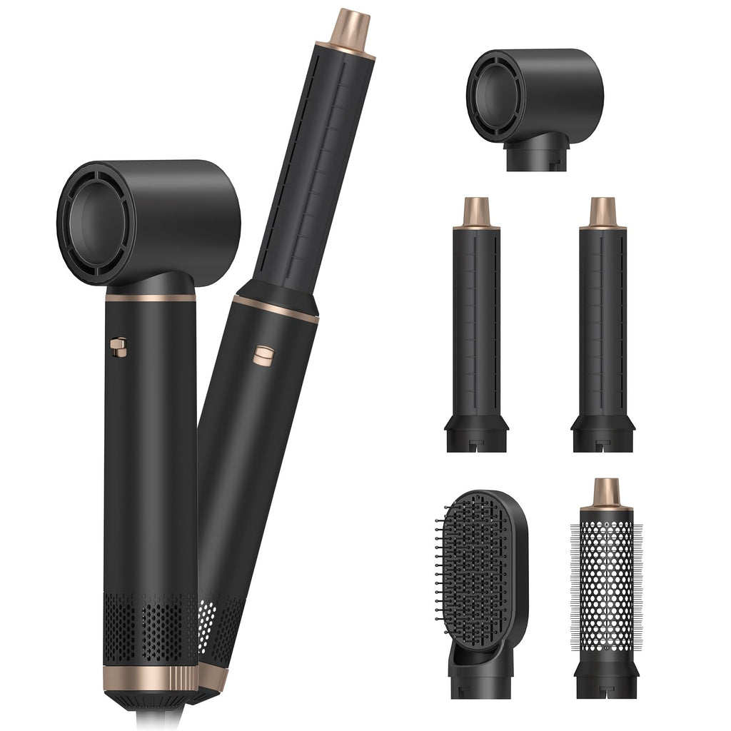 Dryhsip 5-in-1 Ionic Hair Dryer Brush Air Styler in Black with five styling attachments